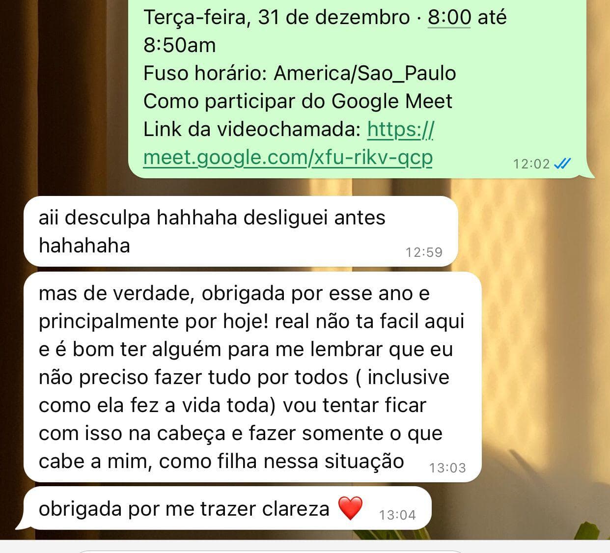 Depoimento por WhatsApp agradecendo por trazer clareza em uma situacao familiar