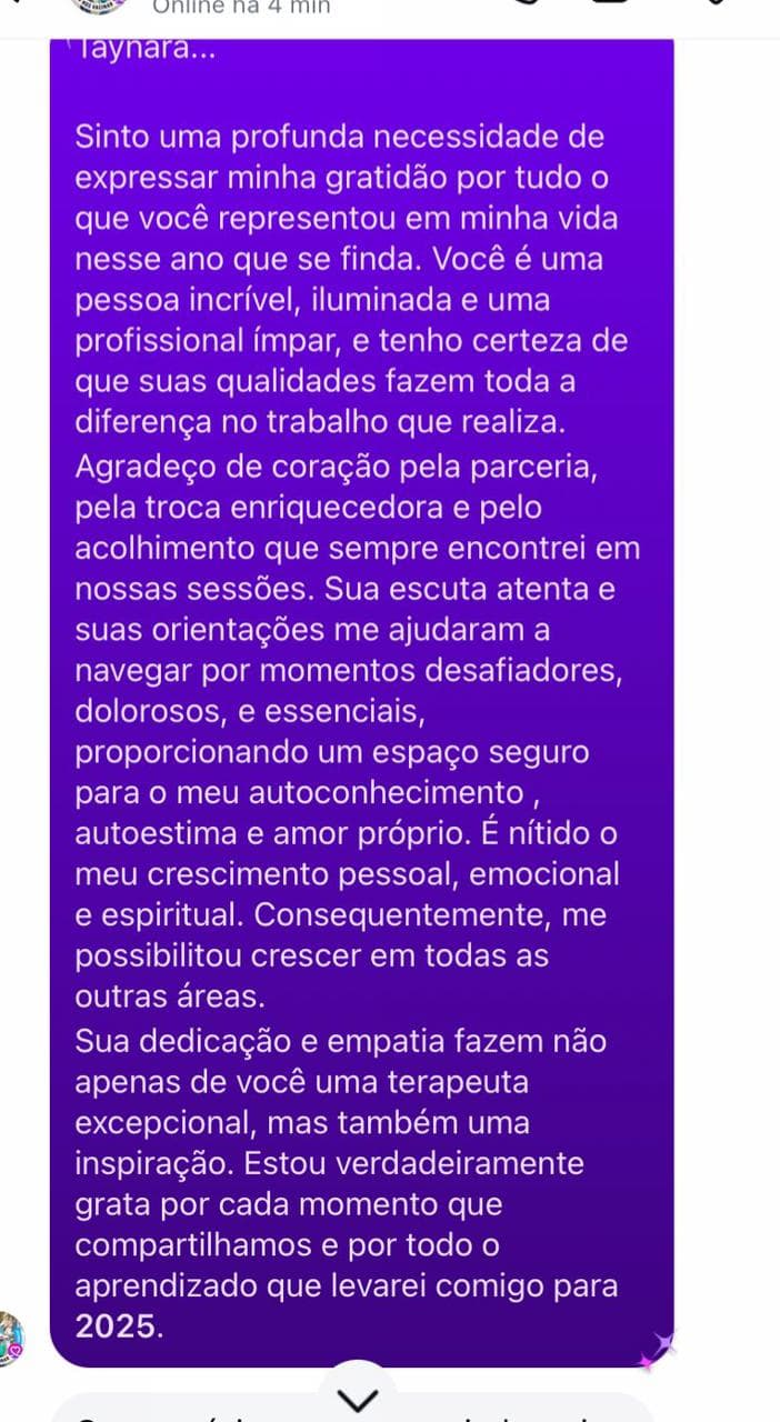 Depoimento em mensagem longa expressando gratidao pelo acolhimento e pela parceria