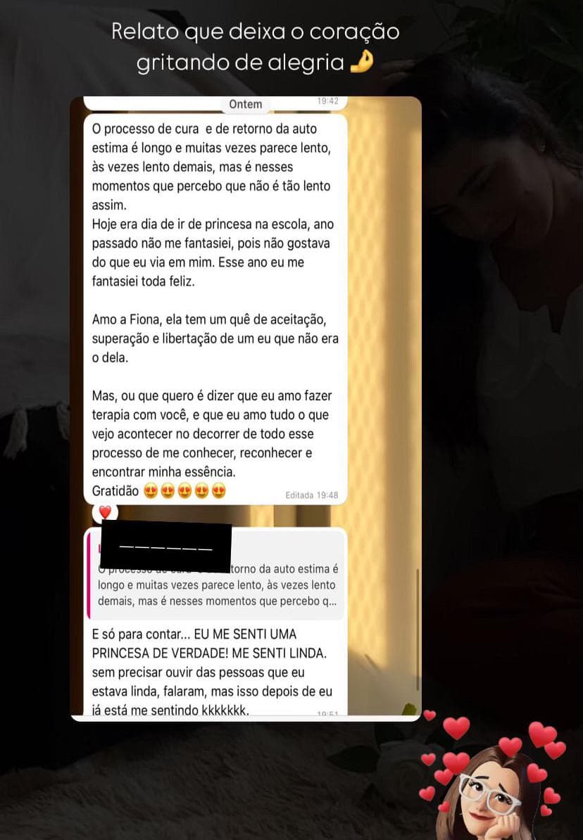Depoimento em story sobre cura, autoestima e alegria no processo terapeutico