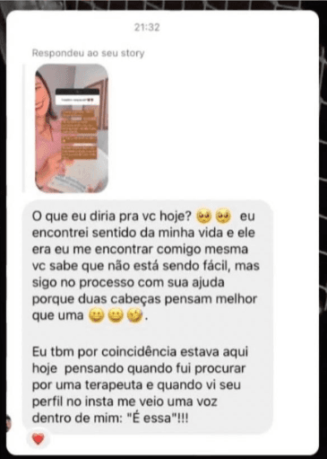 Depoimento em resposta ao story sobre encontrar sentido e apoio no processo