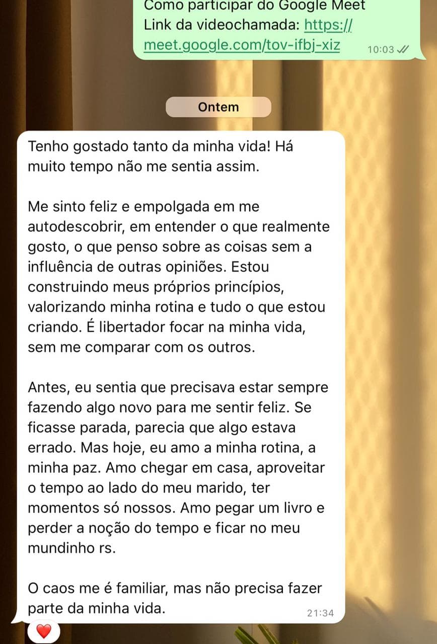 Depoimento por WhatsApp sobre autodescoberta, rotina e paz no processo terapeutico