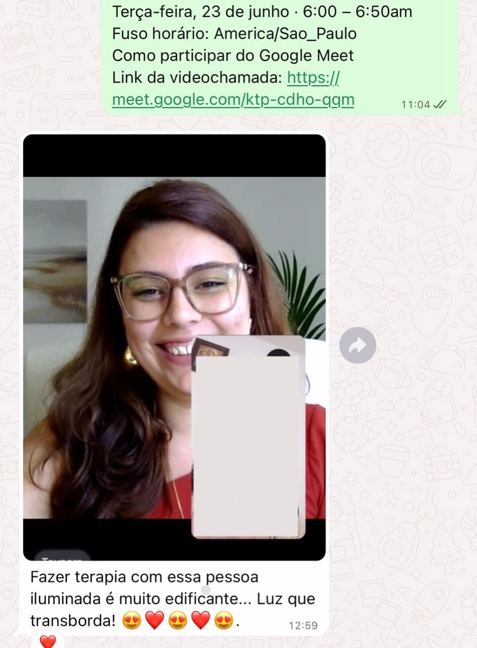 Depoimento por WhatsApp sobre fazer terapia com uma pessoa iluminada