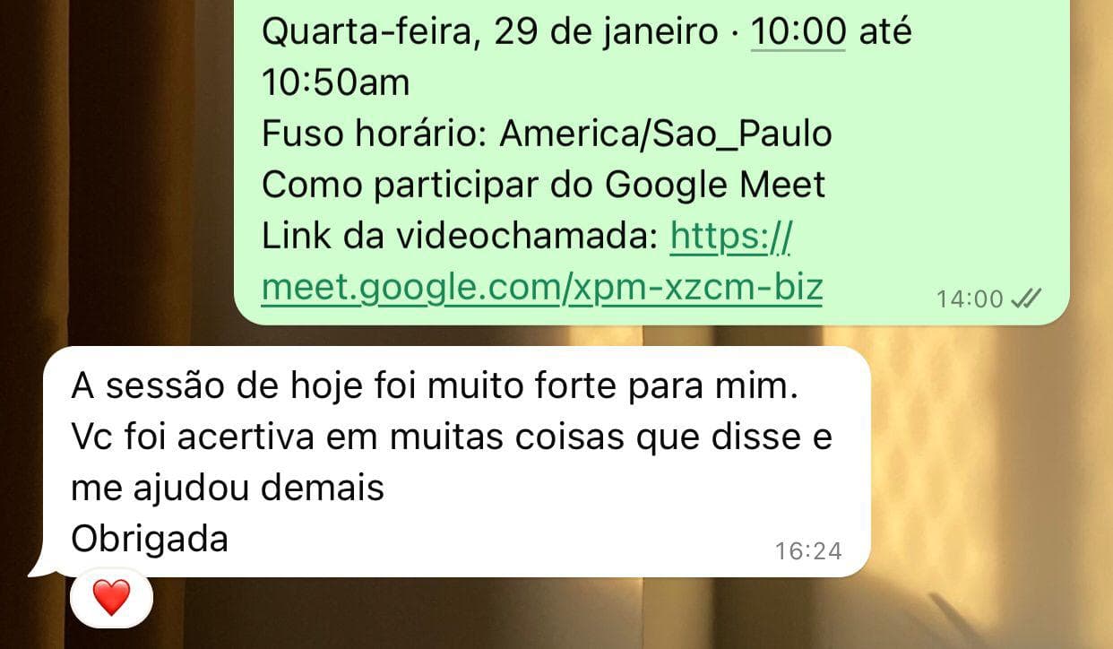 Depoimento por WhatsApp sobre uma sessao forte e assertiva