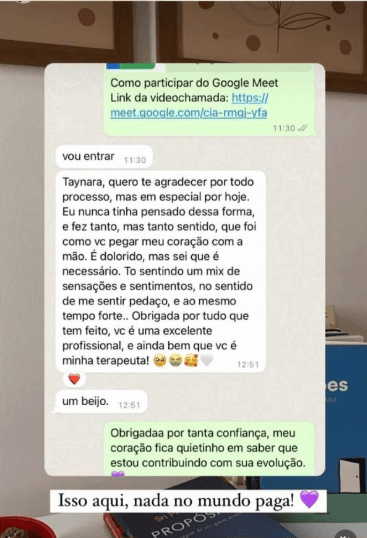 Depoimento por WhatsApp agradecendo pela escuta e pelo processo terapêutico